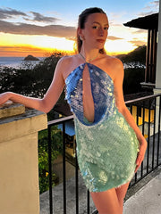 Aiertu Fashion Sequins Backless Patchwork Halter Mini Dress For Women Backless Sleeveless Party Dress Summer Street Glitter Vestidos Aiertu