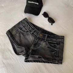 Aiertu - Y2k Harajuku Hot Girls Black Low Waist Denim Shorts Womens Loose and Versatile Stretch Hip Covering Slimming Jean Shorts Aiertu
