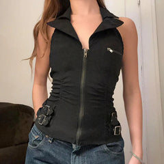 Aiertu - women's tooling style punk street waist design slim-fit halter lapel zipper neck vest Aiertu
