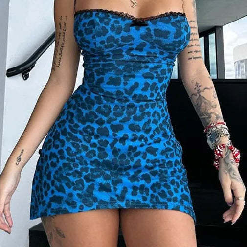 Aiertu Leopard Print Sleeveless Slit Mini Short Dresses Sexy Party Vacation Beach Fashion Summer Y2K Streetwear Casual Clothes Aiertu