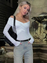 Aiertu - Elegant 2026 Autumn Woman Clothing One Piece Bodysuit Top Streetwear Fashion Girls Off Shoulder V-neck Long Sleeve Folds T-shirt Aiertu