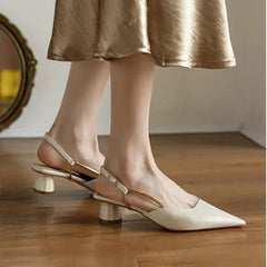 Aiertu - French Satin Style Sandals 2025 Spring Women New Baotou Mid Heel Design Luxury Pointed Versatile Single Shoes Aiertu