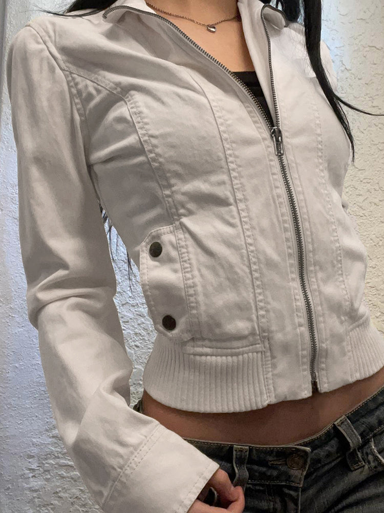 Aiertu - summer inspo Hot Zip Up Stand Collar Casual Y2K Cargo Jackets Women Spring Autumn Fashion Solid Basic Long Sleeve Street Coats Aiertu