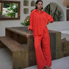 Aiertu - 6-Colours 2pcs Casual Suit Women Clothing Loose Chic Polo Neck Long Sleeve Shirt Pants Suit Ladies Festival Outfit Aiertu