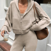 Aiertu - cold weather outfits Winter Knitted Cardigan Casual Khaki Basic Fashion Women Zipper Sweater with Pocket Mininalist Hooded Coat Y2K Outfit Aiertu