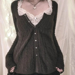 Aiertu - Elegant Vintage Y2k Knitted Sweater Women Sweet Long Sleeve Babydoll Pullovers 2000s Aesthetic Grunge Solid Sweaters Aiertu