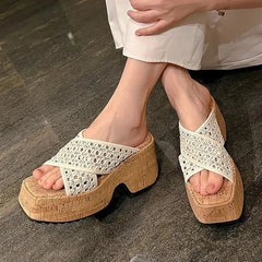 Aiertu - Mesh Women Slippers Platform High Heels Sandals Square Toe Shoes Summer Brand Beach Shoes Elegant Dress Pumps Mujer Slides Aiertu