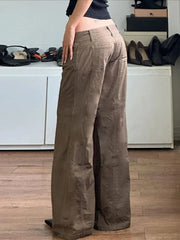 Aiertu - American Style Vintage Low Waist Brown Pants Women Grunge Sexy Y2k Streetwear Hip Hop Loose Baggy Trousers Aiertu