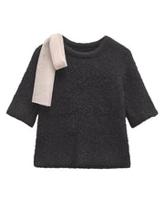 Aiertu - casual winter outfits Bow Patchwork Knitted Pullover Women Half Sleeve O-neck Female Sweater 2024 Autumn Winter Fashion Elegant Black Lady Knitwear Aiertu