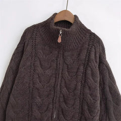 Aiertu - casual winter outfits Women Coffee Knitted Yarn Twist Cardigan Women Autumn Winter Stand Collar Zipper Thick Sweater Female Retro Tops Aiertu