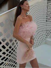 Aiertu - Strapless Silk Mesh Fluffy Dress 3D Floral Gauze Socialite Evening Gown Off Shoulder Slim Fit Sexy Backless Women Short Dresses Aiertu