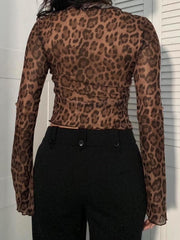Aiertu - summer inspo Leopard Print Lace-Up Blouse Shirts Women Semi-Sheer Mesh Elegant Fashion Sexy Flared Sleeve Ruffled Cardigan Tops Aiertu
