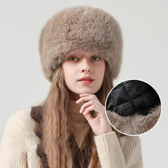 Aiertu - Mink Bucket Hat for Women Winter Fluffy Fur Warm Beanies Plush Earflap Hat Outdoor Windproof Ear Protection Skiing Cap Aiertu