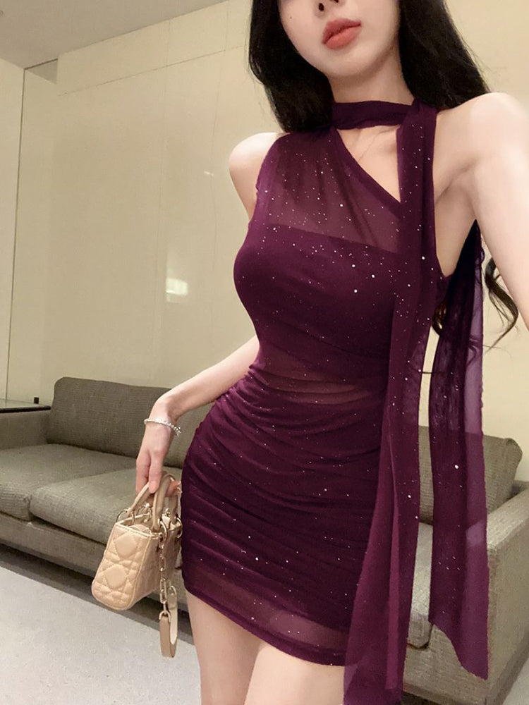 Aiertu Sexy Women's Mesh Dresses Party Off Shoulder Sequin Female Dress Cotton Clothes Elegant and Pretty Korean Style Chic Harajuku Aiertu