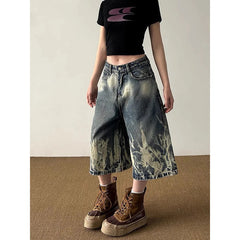 Aiertu American Vintage High Waist Trashy Loose Jeans 2025 Summer Women's Casual Baggy Y2K Shorts Wide Leg Grunge Print Denim Shorts Aiertu