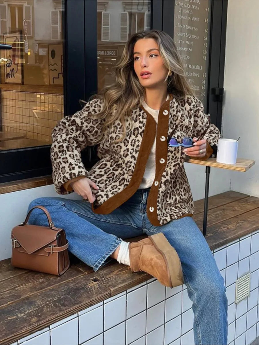 Aiertu - Leopard Polar Fleece Warm Jacket Women Autumn Single Breasted Long Sleeve Outerwear Streetwear Fashion Patchwork Jackets 2026 Aiertu
