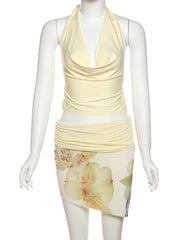 Aiertu - Temperament 2-Piece Set Women Halter Backless Swing Collar Tops+Wear Both Front And Back Patchwork Skirts Matching Suits Aiertu
