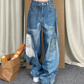Aiertu - American Patchwork Design Patch Print Baggy Jeans Y2K Retro Blue Wash Loose Hot Girl Street Casual High Waist Wide Leg Jeans Aiertu