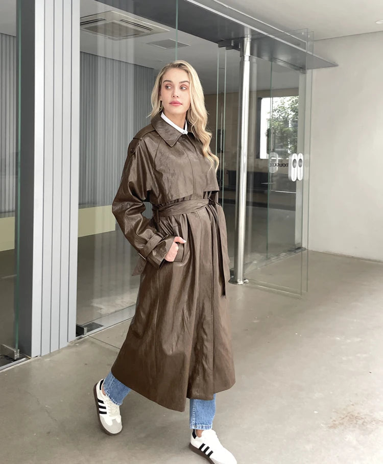 Aiertu - 2026 Autumn New design Runway Designer Leather Maxi Long Trench Coat With Belt Chic Female PU Windbreaker Classic Aiertu
