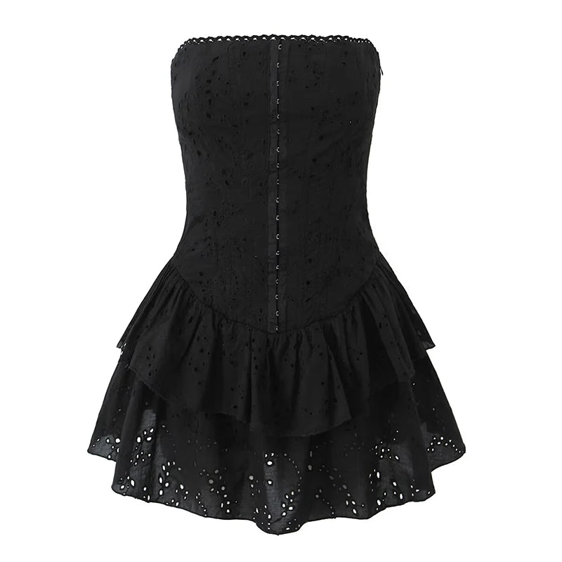 Aiertu - Sexy Women Black White Hollow Out Embroidery Strapless Dress Summer Cotton Fit And Flare Party Mini Robe Aiertu