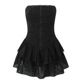 Aiertu - Sexy Women Black White Hollow Out Embroidery Strapless Dress Summer Cotton Fit And Flare Party Mini Robe Aiertu
