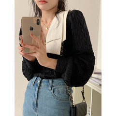 Aiertu Vintage Folds Shirts Women Elegant Patchwork Lantern Long Sleeve Blouses Korean Single Breasted Design Chic Casual Tops Aiertu