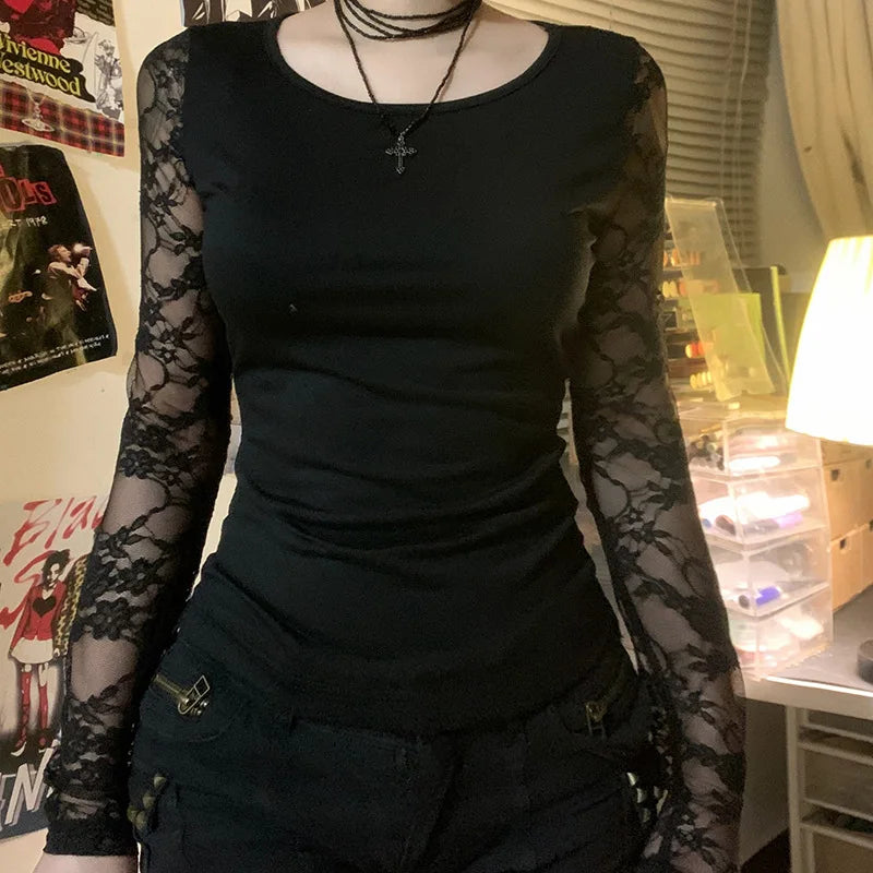 Aiertu - party look snspos Hollow Out Lace Sleeve Patchwork Top Women's Autumn Spring Sexy Slim-fitting T-shirts Chic Elegant Crew Neck Tops Retro Aiertu