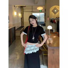 Aiertu Hot Girl Casual Suit Women's Summer O-neck Short-sleeved T-shirt Lace Patchwork A-line Skirt 2-piece Set Fashion Female Clothes Aiertu