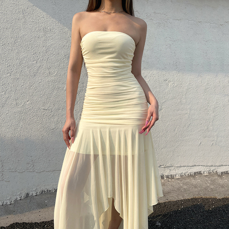 Aiertu - Asymmetric Mesh Patchwork Tube Dress Yellow Green Color Strapless A-line Long Dresses for Party Holiday Elegant Robe Aiertu