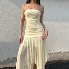 Aiertu - Asymmetric Mesh Patchwork Tube Dress Yellow Green Color Strapless A-line Long Dresses for Party Holiday Elegant Robe Aiertu