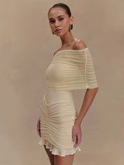 Aiertu - Mesh Strapless Off-shoulder Sexy Ruffled Mini Dress For Women Fashion Backless High Waist Female Ruched Party Dress Aiertu
