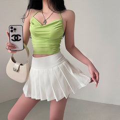 Aiertu Solid Color Halter Backless Pleated Slim Stretch Top Aiertu