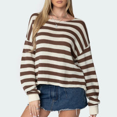 Aiertu - Womens Striped Loose Knit Sweater Fall Fashion Round Neck Long Sleeve Drop Shoulder Pullovers Casual Knitwear Aiertu