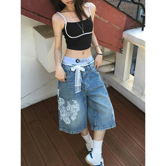 Aiertu Summer Vintage Women's Lace Printed Blue Denim Shorts Young Girl Casual High Waist Bottom Female Loose Capris Calf-length Pants Aiertu
