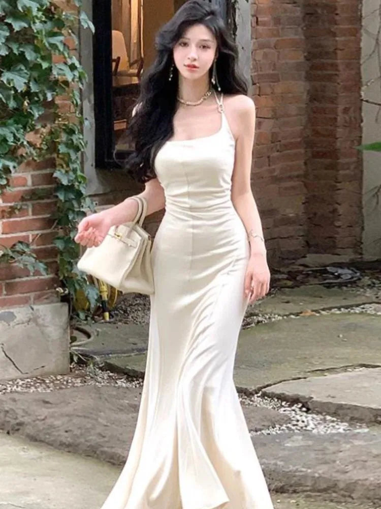 Aiertu - Knitted Neck-mounted Slim Dresses for Women Summer New Elegant Fashions Sleeveless Long Dress Evening Party Female Clothing Aiertu