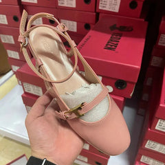 Aiertu - French Round Head One-Line Buckle Flat Shoes Women'S Gentle Style Ballet Shoes Back Empty Toe Sandals Aiertu