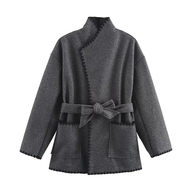 Aiertu - casual winter outfits Autumn Winter Grey Sashes Coat For Women Stand Collar Long Sleeve Loose Blends Warm Overcoat with Pockets Lady Outwear Aiertu