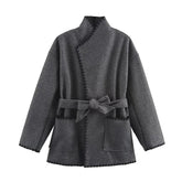 Aiertu - casual winter outfits Autumn Winter Grey Sashes Coat For Women Stand Collar Long Sleeve Loose Blends Warm Overcoat with Pockets Lady Outwear Aiertu
