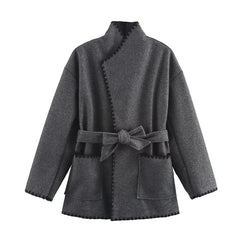 Aiertu - casual winter outfits Autumn Winter Grey Sashes Coat For Women Stand Collar Long Sleeve Loose Blends Warm Overcoat with Pockets Lady Outwear Aiertu