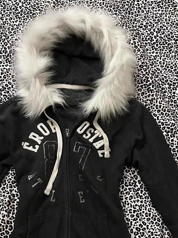 Aiertu - New Zipper Hoodie Women Y2k Harajuku Retro Letter Printed Fur Collar Slim Hoodie Fashion Simple Black Sweatshirt Warm Jacket Top Aiertu