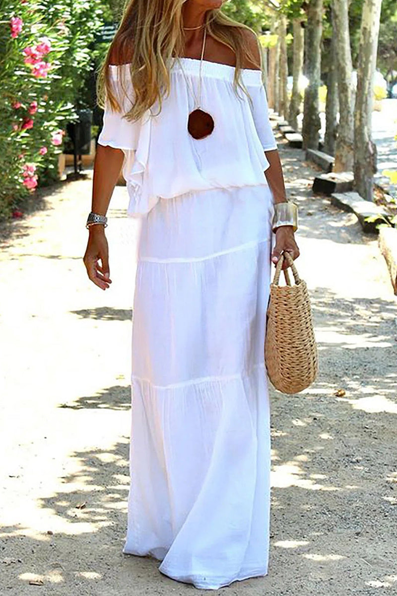 Aiertu - Casual Daily Solid Off the Shoulder Beach Dress Short Sleeve Dress(3 Colors) Aiertu