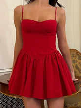 Aiertu - Women Sexy Red Mini Dress Slim-fitting Bright Spaghetti Strap High Waist Low-cut Short Pleated Vestidos Beach Pool Party Wear Aiertu