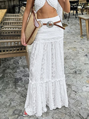 Aiertu - New Lace Patchwork White Long Skirt Women High Elastic Waist Textured A-line Maxi Skirts Summer Casual Fashion Holiday Faldas Aiertu