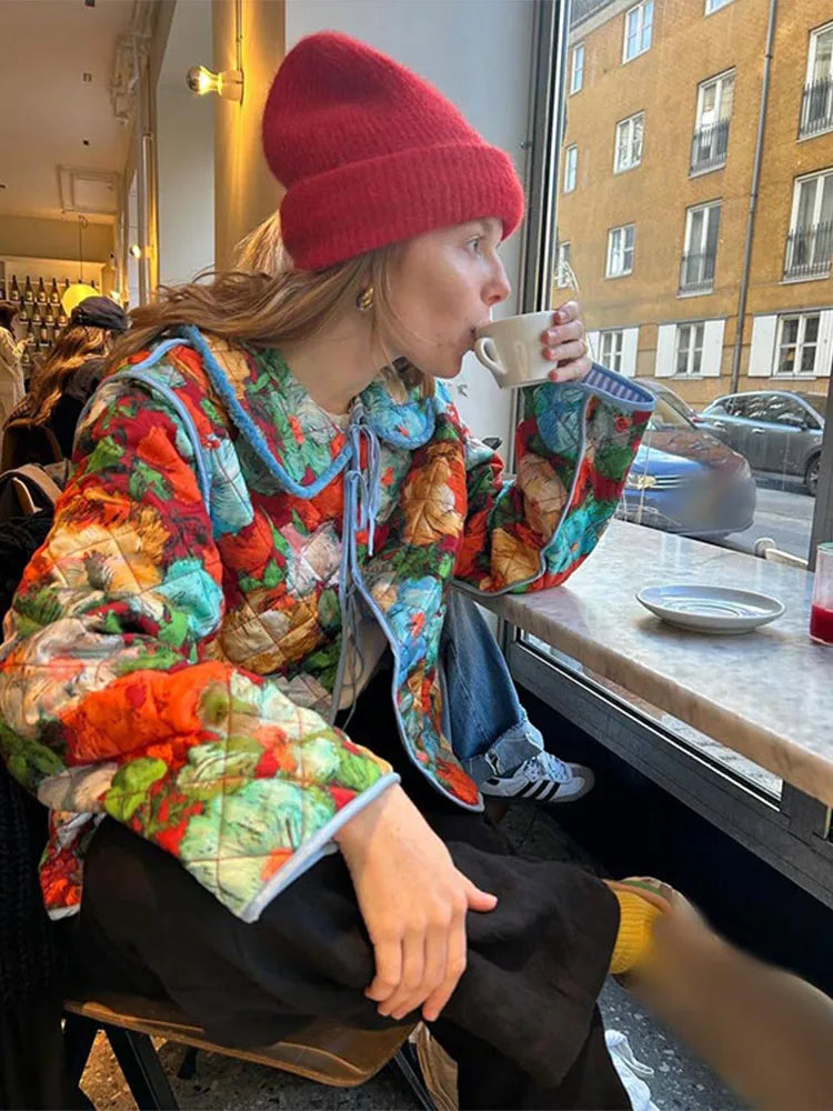 Aiertu - Women Casual Double Sided Floral Print Quilted Jacket Chic Long Sleeve Lapel Lace Up Pockets Cotton Coat Winter Lady Outwear Aiertu