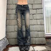 Aiertu - Y2K Low Waist Jeans For Women Vintage Embroidery Stretch Denim Pants Aesthetic Gothic Gray Package Hip Flare Trousers Aiertu