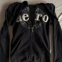 Aiertu - All Match Black Color Women Autumn Winter Coats Punk Y2k Aesthetic Letter Print Zipper Jackets American High Street Hoodies Aiertu