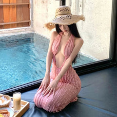Aiertu Pure Sexy Hot Girl Deep V-neck Low Cut Dress for Women's Summer Mesh Slightly Transparent Halter Neck Vacation Long Dress Aiertu