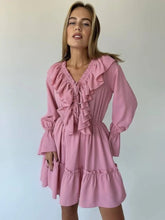 Aiertu - 2026 Fall V-neck Flare Sleeve Ruffles Short Dresses Streetwear Women's High Waist Lace-up Tunics Ruched A-line Pink Party Dress Aiertu