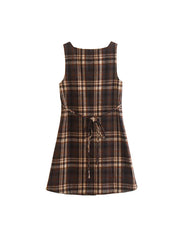 Aiertu Women Fashion Plaid Lace Up Single Breasted Mini Dress Vintage Square Collar Sleeveless Female Chic Lady Dresses Aiertu