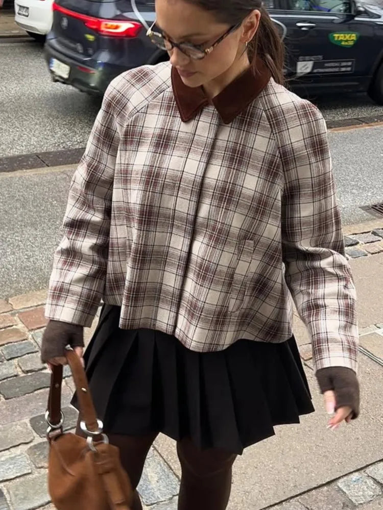 Aiertu - Patchwork Plaid Cape Style Jacket Coat Lapel Vintage Pocket Short Overcoat Loose Casual Fashion Temperament Women Outwear Spring Aiertu